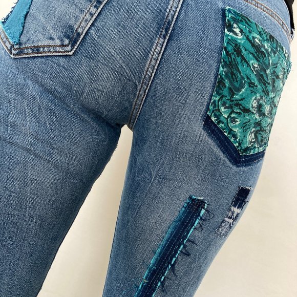 Custom Distressed Boro Sashiko Acid Faded Blue Jeans - Picture 3 of 17